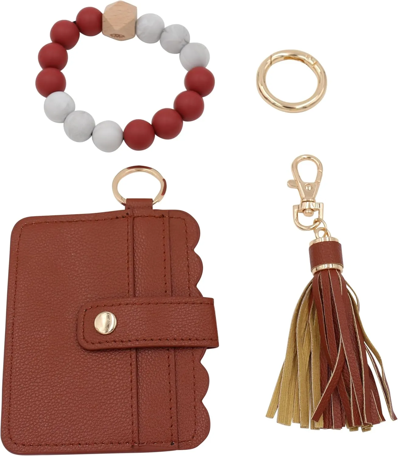 Real Sic Wristlet Bracelet Keychain Wallet, Silicone Bead Credit Card Holder, Multifunctional Trendy Card Case and Keyring Accessory (Brown)