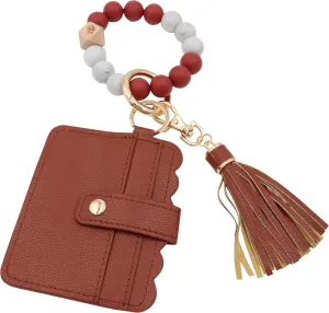 Real Sic Wristlet Bracelet Keychain Wallet, Silicone Bead Credit Card Holder, Multifunctional Trendy Card Case and Keyring Accessory (Brown)