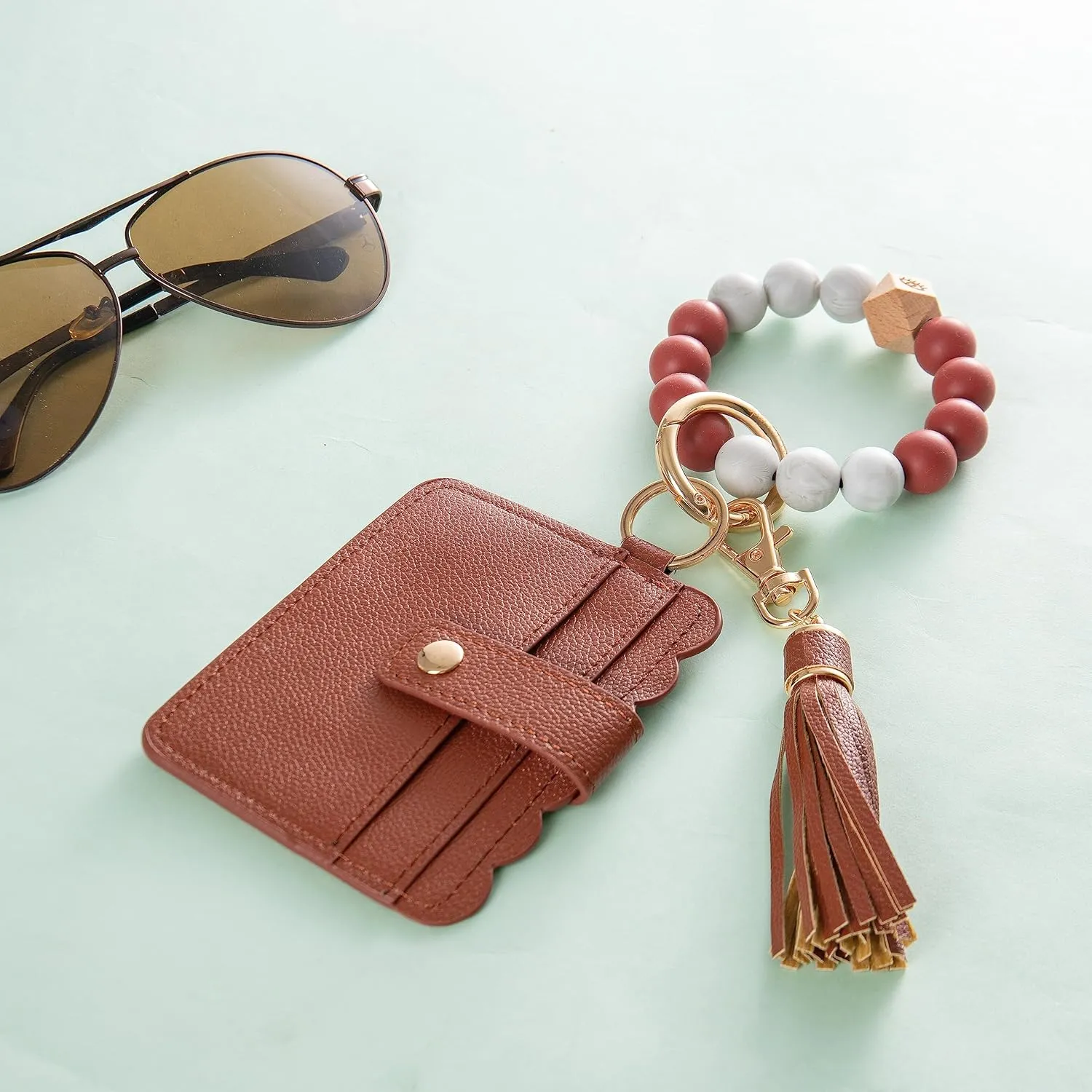 Real Sic Wristlet Bracelet Keychain Wallet, Silicone Bead Credit Card Holder, Multifunctional Trendy Card Case and Keyring Accessory (Brown)