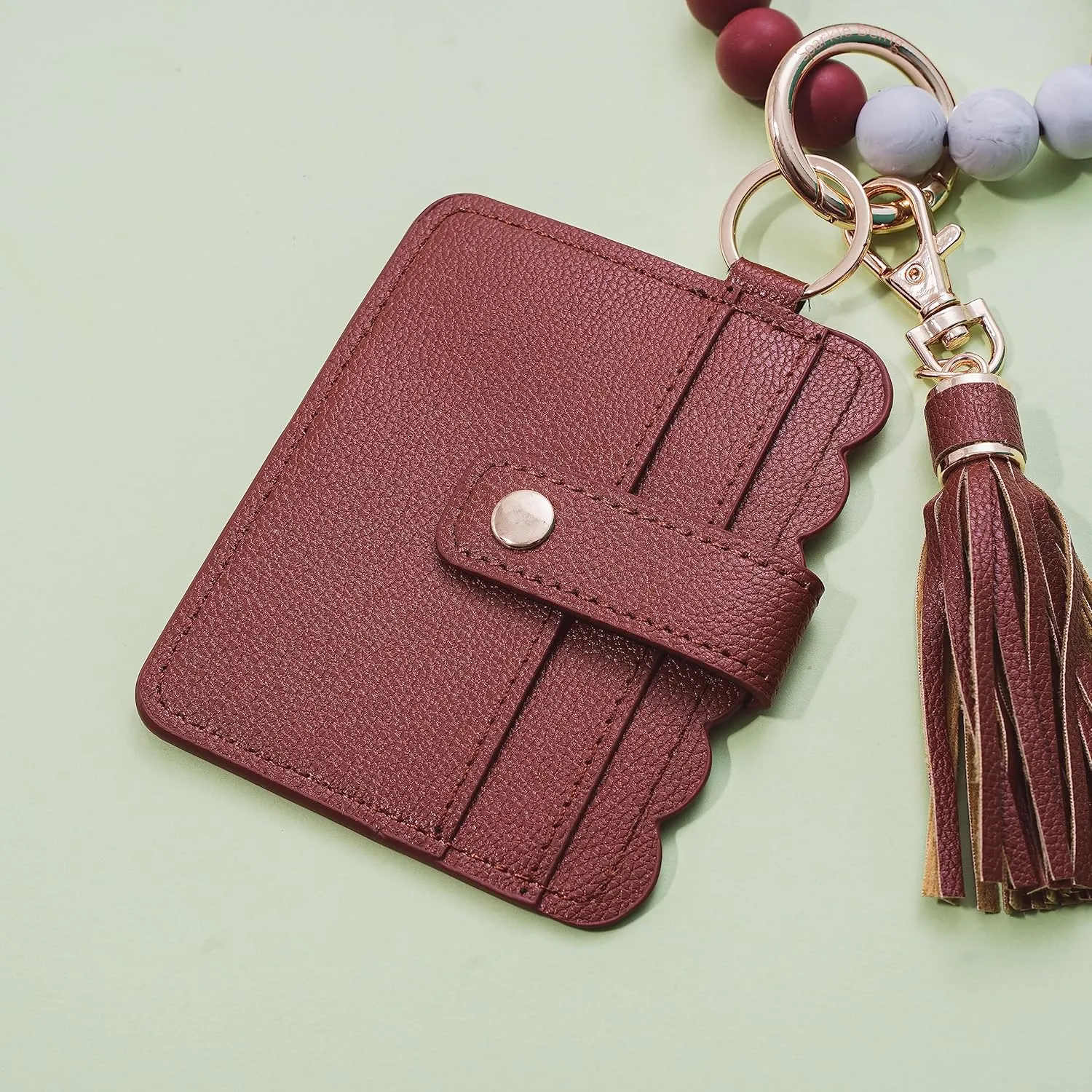 Real Sic Wristlet Bracelet Keychain Wallet, Silicone Bead Credit Card Holder, Multifunctional Trendy Card Case and Keyring Accessory (Brown)
