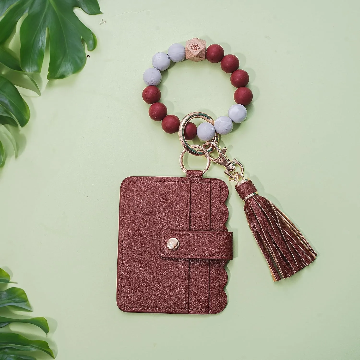 Real Sic Wristlet Bracelet Keychain Wallet, Silicone Bead Credit Card Holder, Multifunctional Trendy Card Case and Keyring Accessory (Brown)