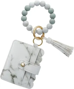 Real Sic Wristlet Bracelet Keychain Wallet, Silicone Bead Credit Card Holder, Multifunctional Trendy Card Case and Keyring Accessory (Marble)