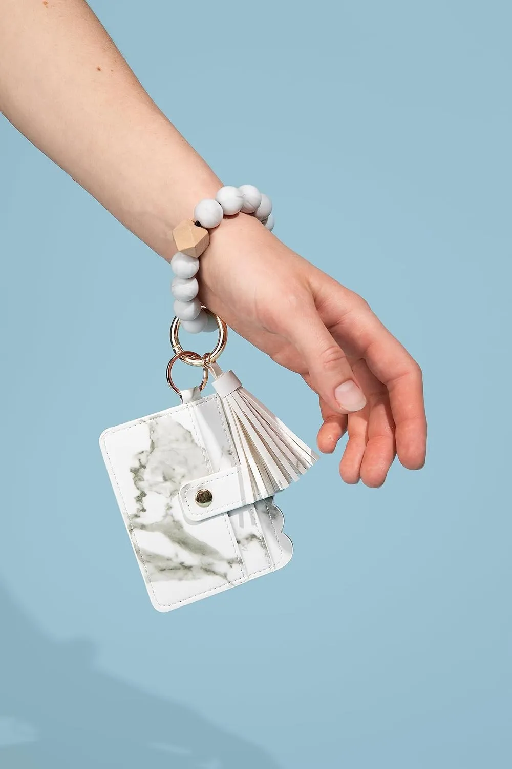 Real Sic Wristlet Bracelet Keychain Wallet, Silicone Bead Credit Card Holder, Multifunctional Trendy Card Case and Keyring Accessory (Marble)