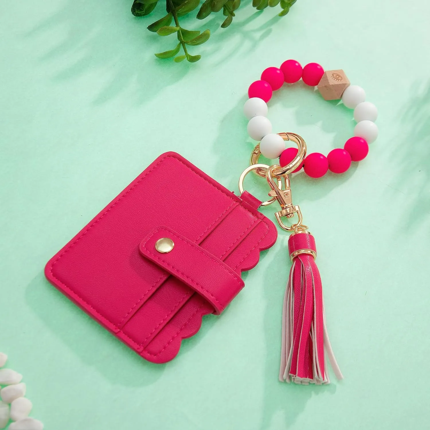Real Sic Wristlet Bracelet Keychain Wallet, Silicone Bead Credit Card Holder, Multifunctional Trendy Card Case and Keyring Accessory (Viva Magenta)