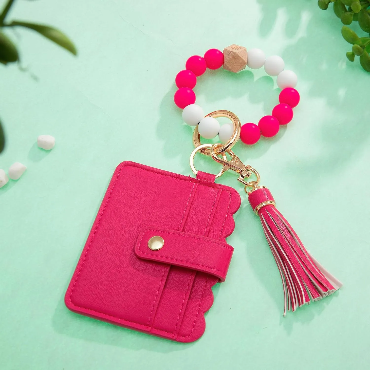 Real Sic Wristlet Bracelet Keychain Wallet, Silicone Bead Credit Card Holder, Multifunctional Trendy Card Case and Keyring Accessory (Viva Magenta)