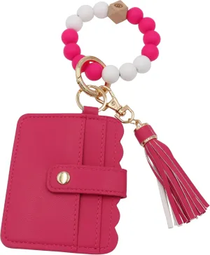 Real Sic Wristlet Bracelet Keychain Wallet, Silicone Bead Credit Card Holder, Multifunctional Trendy Card Case and Keyring Accessory (Viva Magenta)