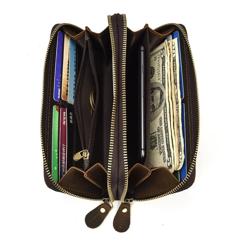 Realaiot Double Zipper Women Men Long Wallet Vintage Leather Male Clutch Purse Man Phone Card Coin 100% Genuine Leather Men Wallet
