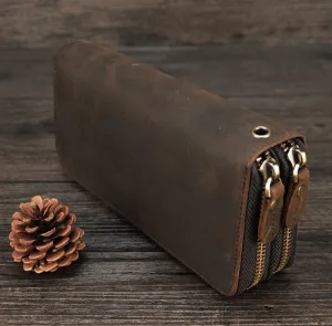 Realaiot Double Zipper Women Men Long Wallet Vintage Leather Male Clutch Purse Man Phone Card Coin 100% Genuine Leather Men Wallet