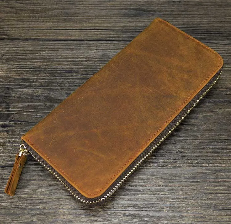 Realaiot Double Zipper Women Men Long Wallet Vintage Leather Male Clutch Purse Man Phone Card Coin 100% Genuine Leather Men Wallet
