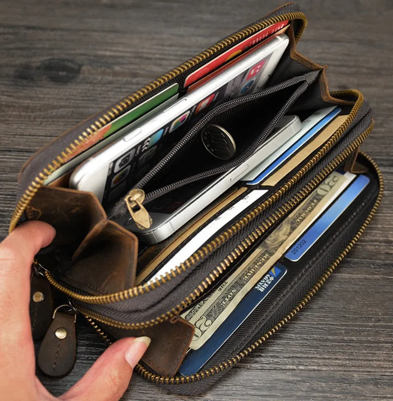 Realaiot Double Zipper Women Men Long Wallet Vintage Leather Male Clutch Purse Man Phone Card Coin 100% Genuine Leather Men Wallet