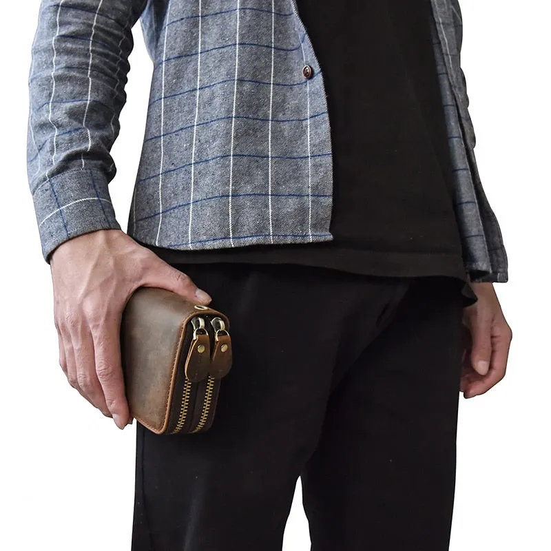 Realaiot Double Zipper Women Men Long Wallet Vintage Leather Male Clutch Purse Man Phone Card Coin 100% Genuine Leather Men Wallet