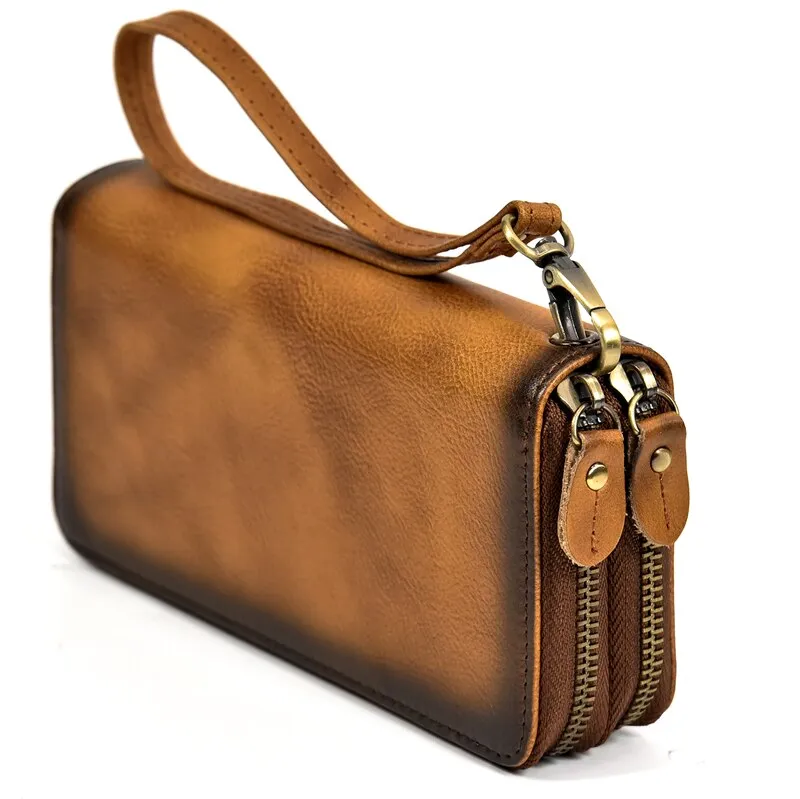 Realaiot Double Zipper Women Men Long Wallet Vintage Leather Male Clutch Purse Man Phone Card Coin 100% Genuine Leather Men Wallet