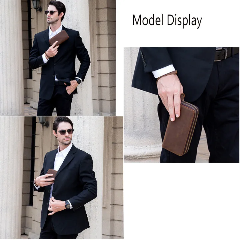 Realaiot Double Zipper Women Men Long Wallet Vintage Leather Male Clutch Purse Man Phone Card Coin 100% Genuine Leather Men Wallet