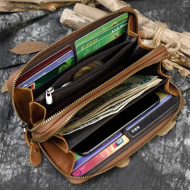 Realaiot Double Zipper Women Men Long Wallet Vintage Leather Male Clutch Purse Man Phone Card Coin 100% Genuine Leather Men Wallet
