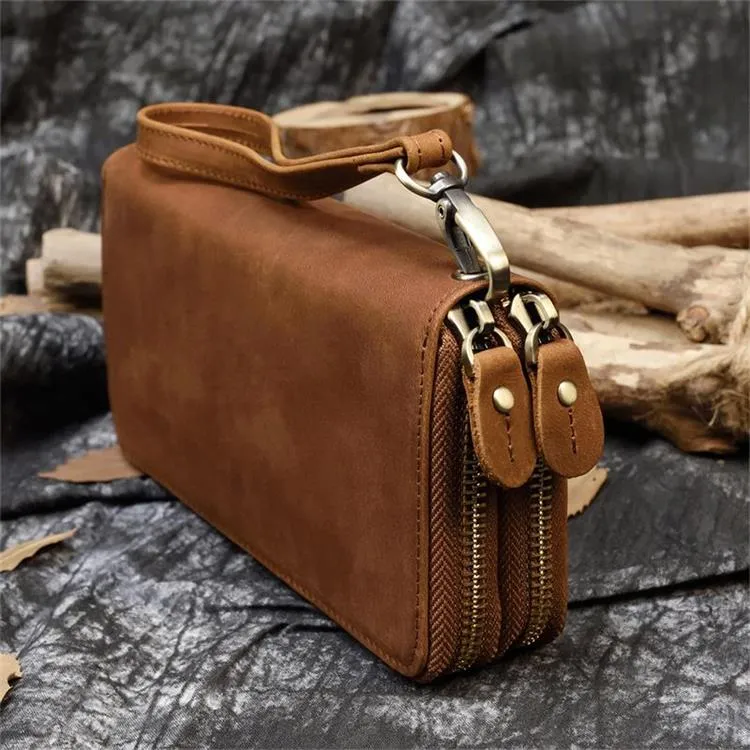 Realaiot Double Zipper Women Men Long Wallet Vintage Leather Male Clutch Purse Man Phone Card Coin 100% Genuine Leather Men Wallet