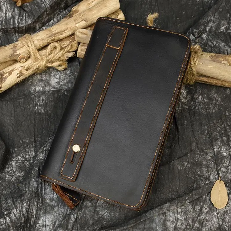 Realaiot Double Zipper Women Men Long Wallet Vintage Leather Male Clutch Purse Man Phone Card Coin 100% Genuine Leather Men Wallet