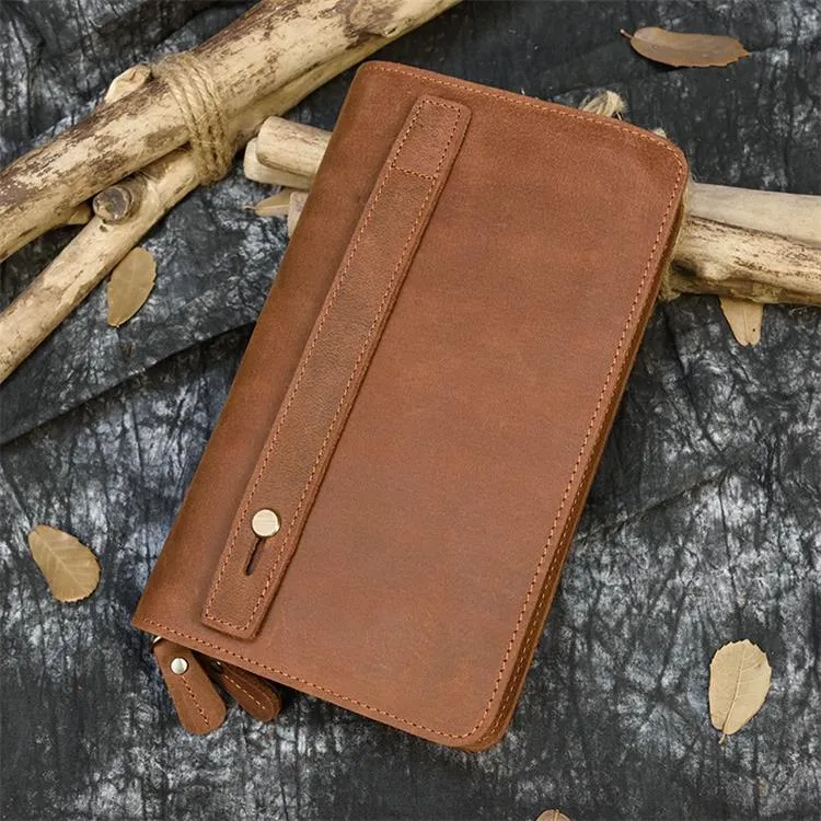 Realaiot Double Zipper Women Men Long Wallet Vintage Leather Male Clutch Purse Man Phone Card Coin 100% Genuine Leather Men Wallet