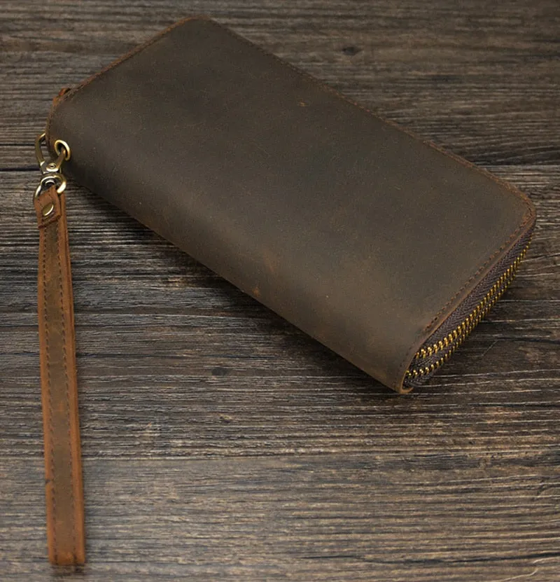 Realaiot Double Zipper Women Men Long Wallet Vintage Leather Male Clutch Purse Man Phone Card Coin 100% Genuine Leather Men Wallet