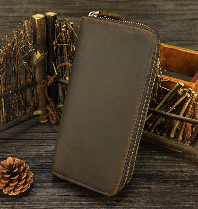Realaiot Double Zipper Women Men Long Wallet Vintage Leather Male Clutch Purse Man Phone Card Coin 100% Genuine Leather Men Wallet