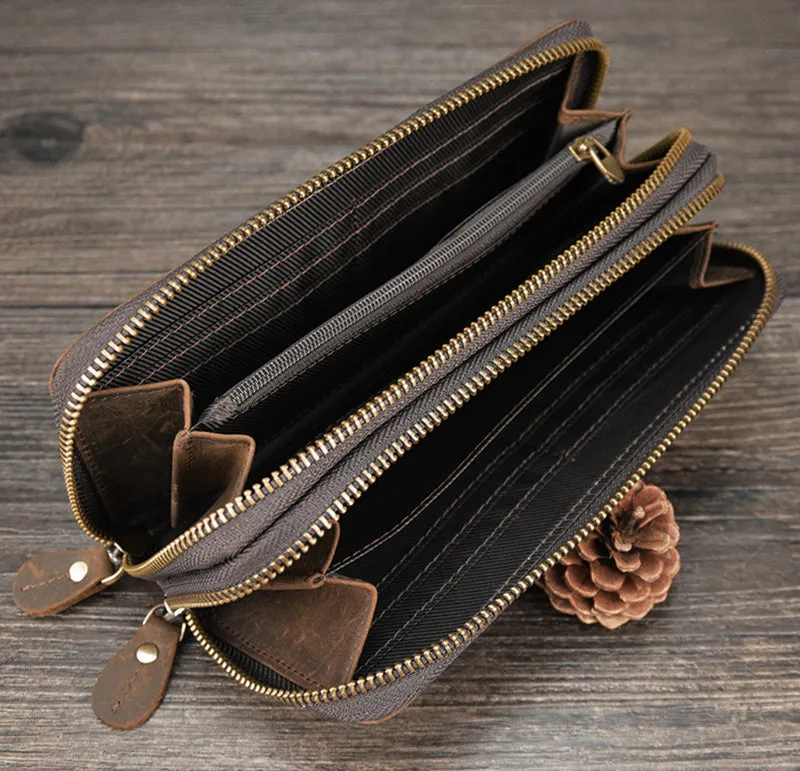 Realaiot Double Zipper Women Men Long Wallet Vintage Leather Male Clutch Purse Man Phone Card Coin 100% Genuine Leather Men Wallet