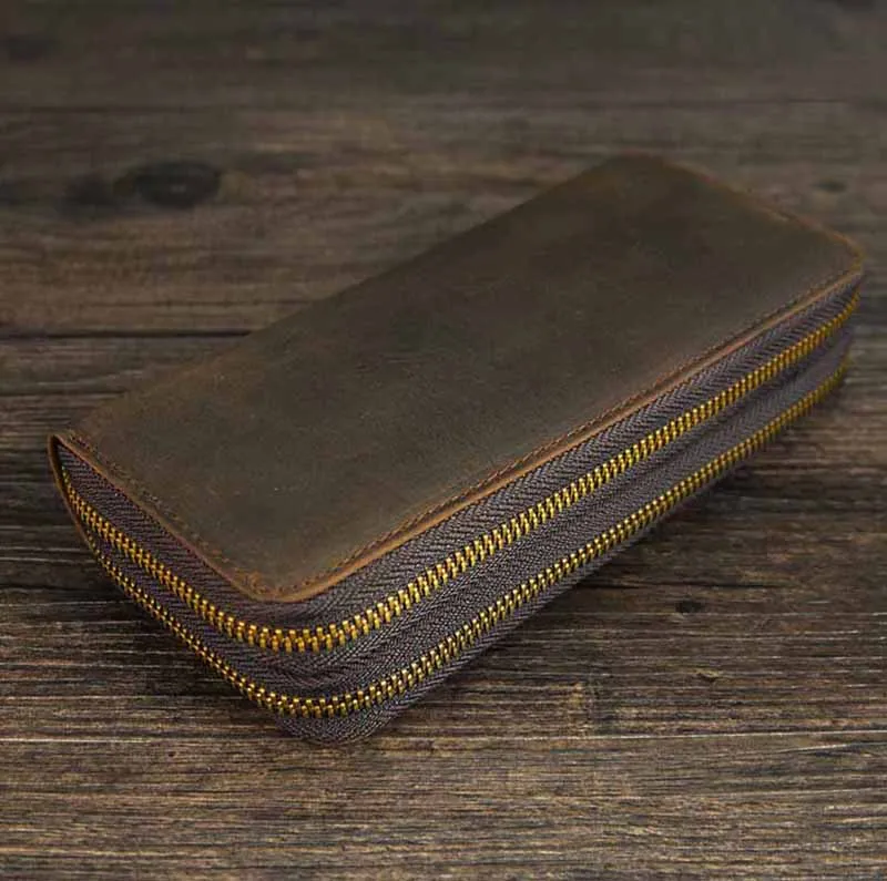 Realaiot Double Zipper Women Men Long Wallet Vintage Leather Male Clutch Purse Man Phone Card Coin 100% Genuine Leather Men Wallet