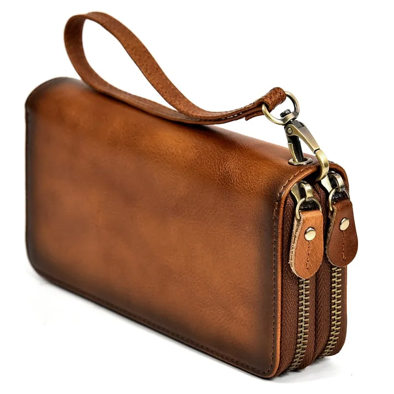 Realaiot Double Zipper Women Men Long Wallet Vintage Leather Male Clutch Purse Man Phone Card Coin 100% Genuine Leather Men Wallet