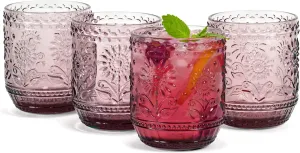 Red Co. Vintage Botanist Drinking Glass Set, Luxurious Floral Embossed Decorative Purple Glassware, Set of 4, 4-inch, 12 oz