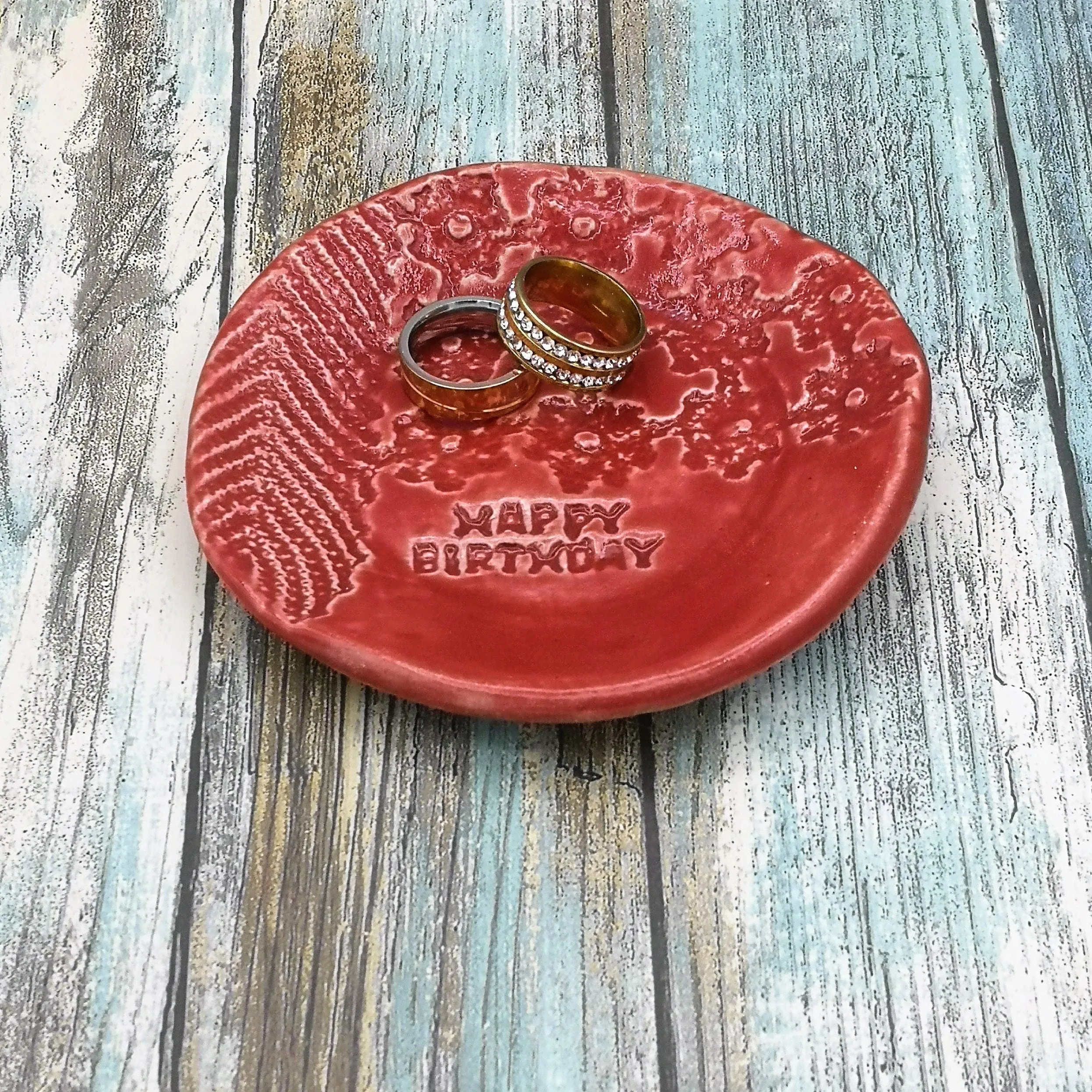 Red Handmade Ceramic Plate with Lace Texture – Unique Happy Birthday Gift