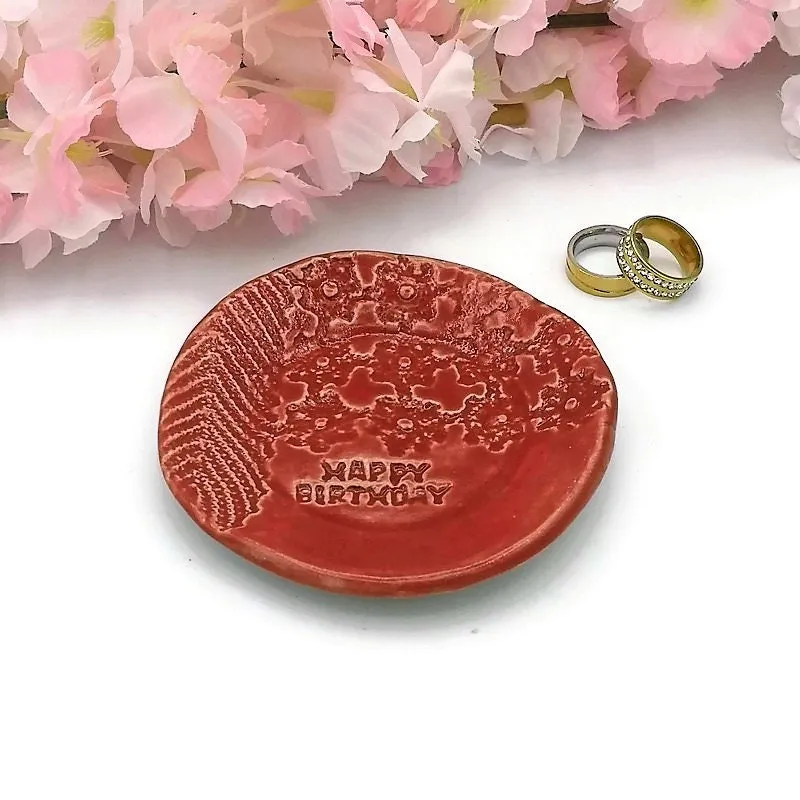 Red Handmade Ceramic Plate with Lace Texture – Unique Happy Birthday Gift