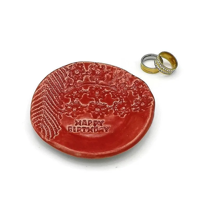 Red Handmade Ceramic Plate with Lace Texture – Unique Happy Birthday Gift