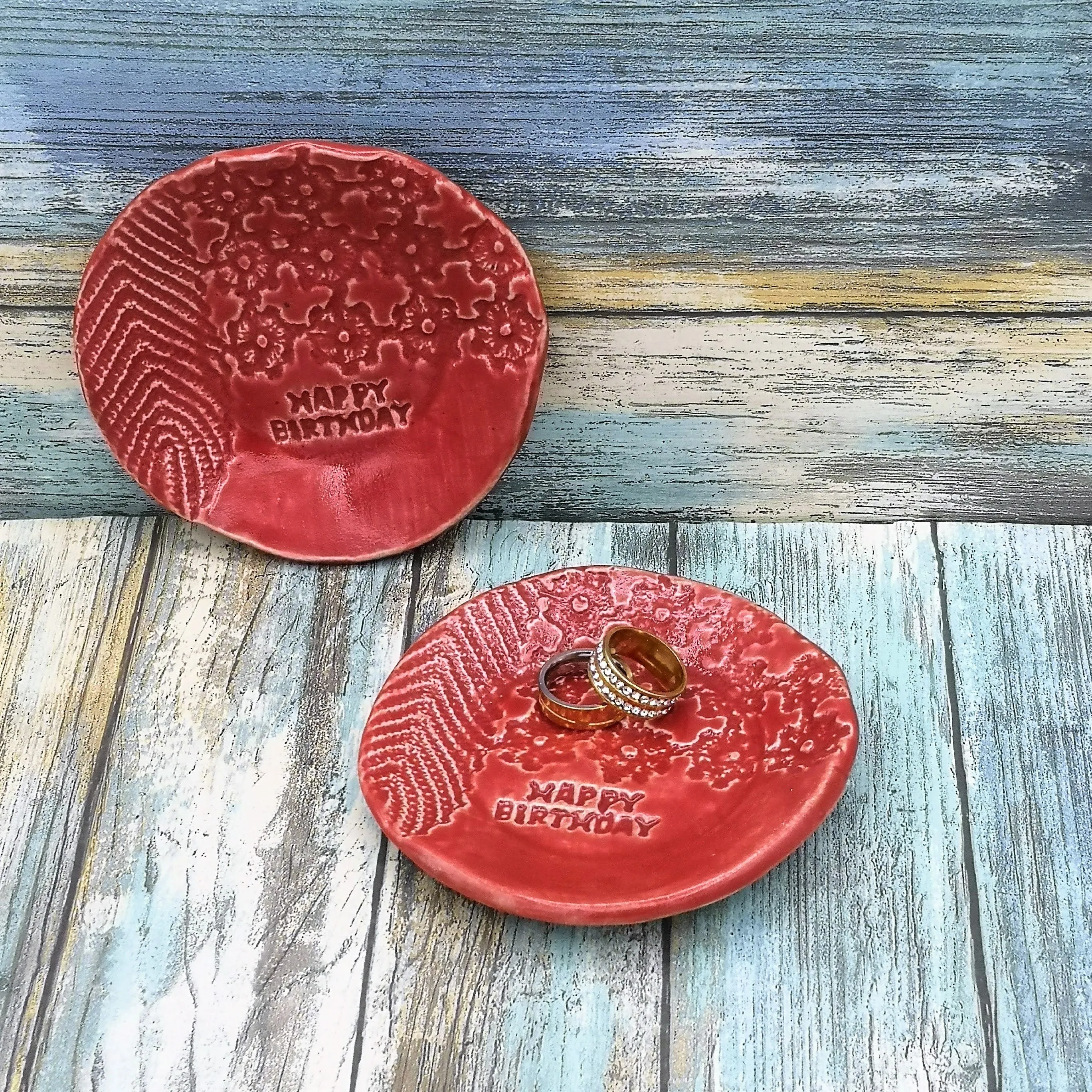 Red Handmade Ceramic Plate with Lace Texture – Unique Happy Birthday Gift