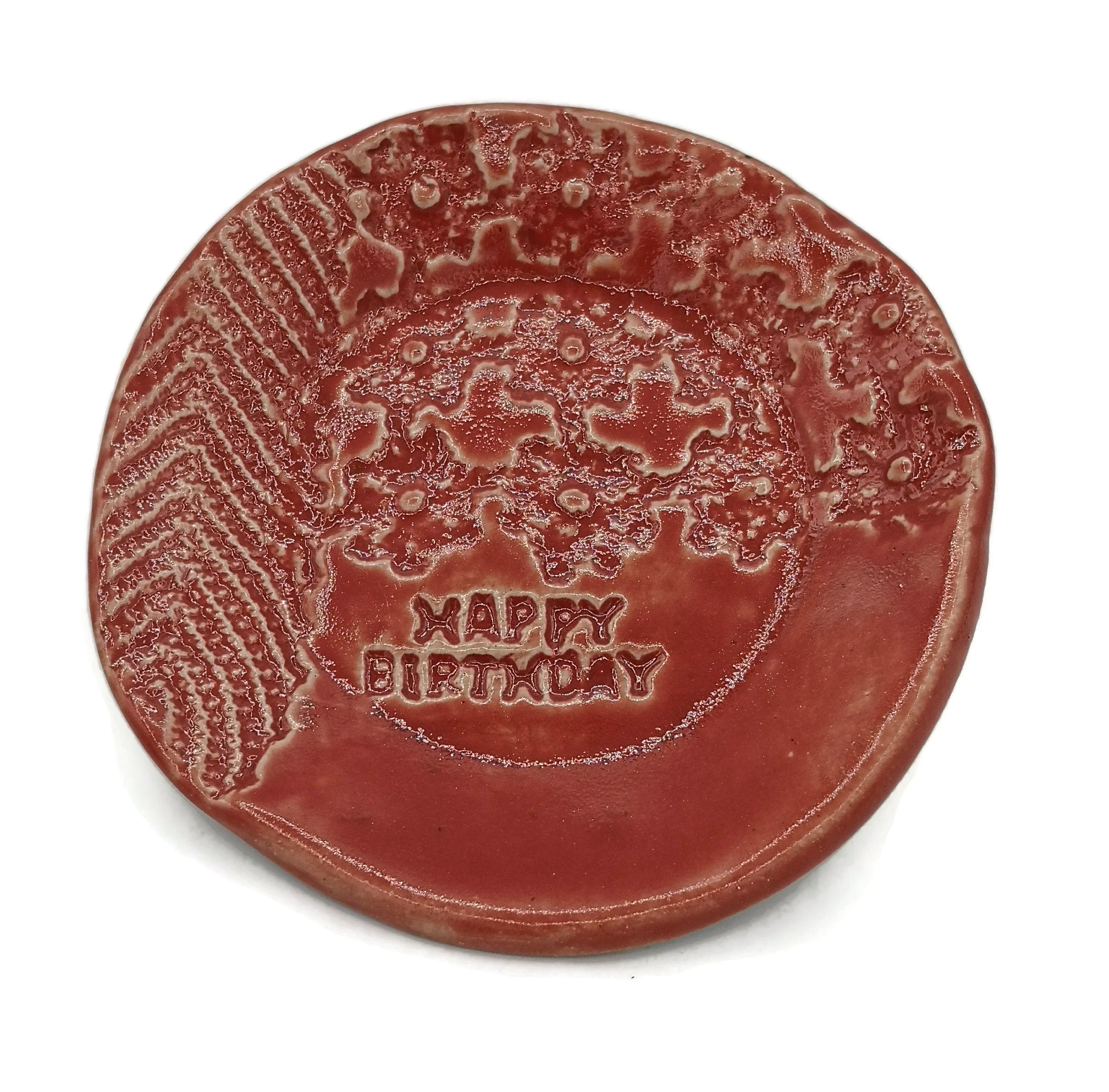 Red Handmade Ceramic Plate with Lace Texture – Unique Happy Birthday Gift