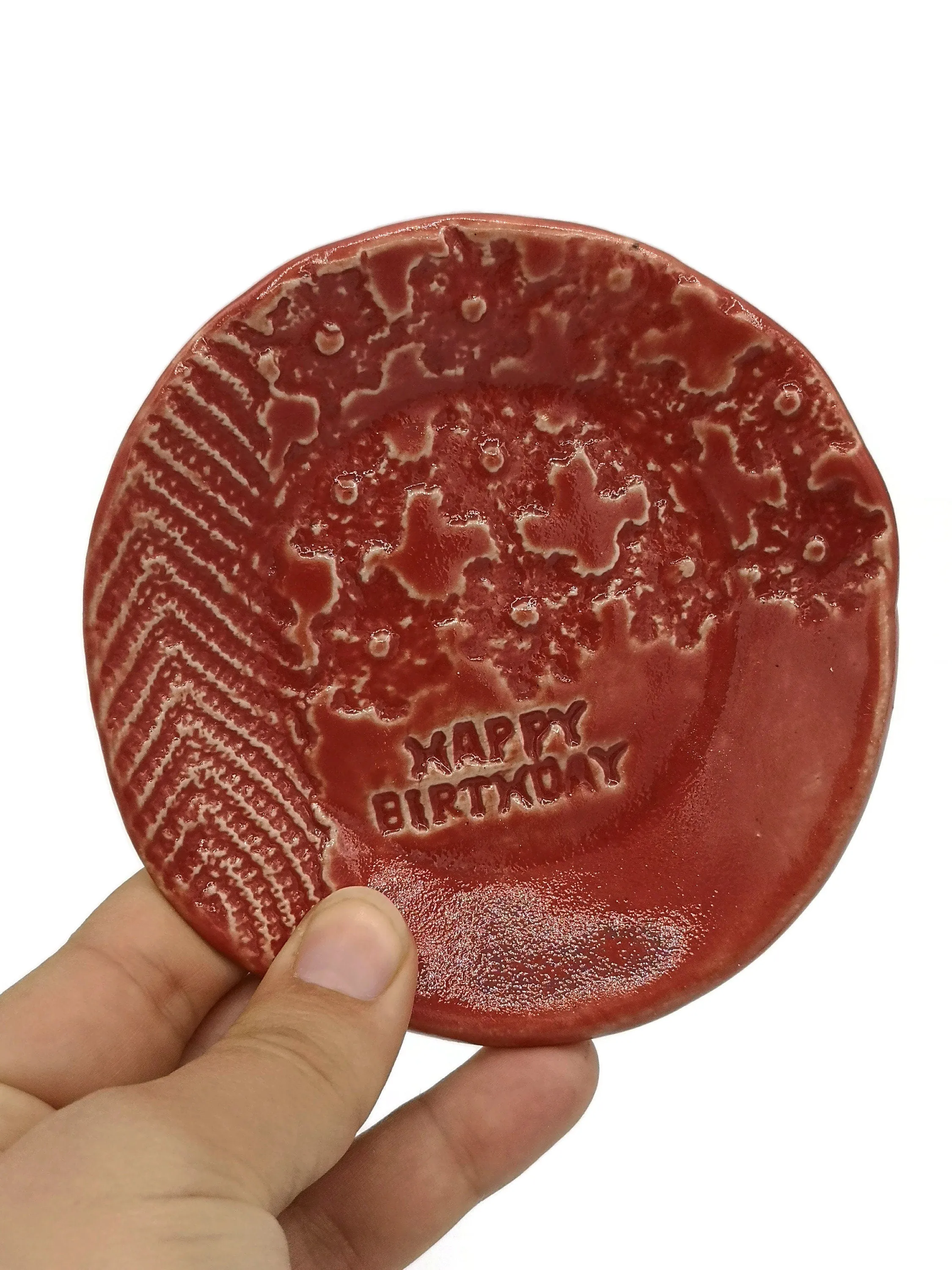 Red Handmade Ceramic Plate with Lace Texture – Unique Happy Birthday Gift