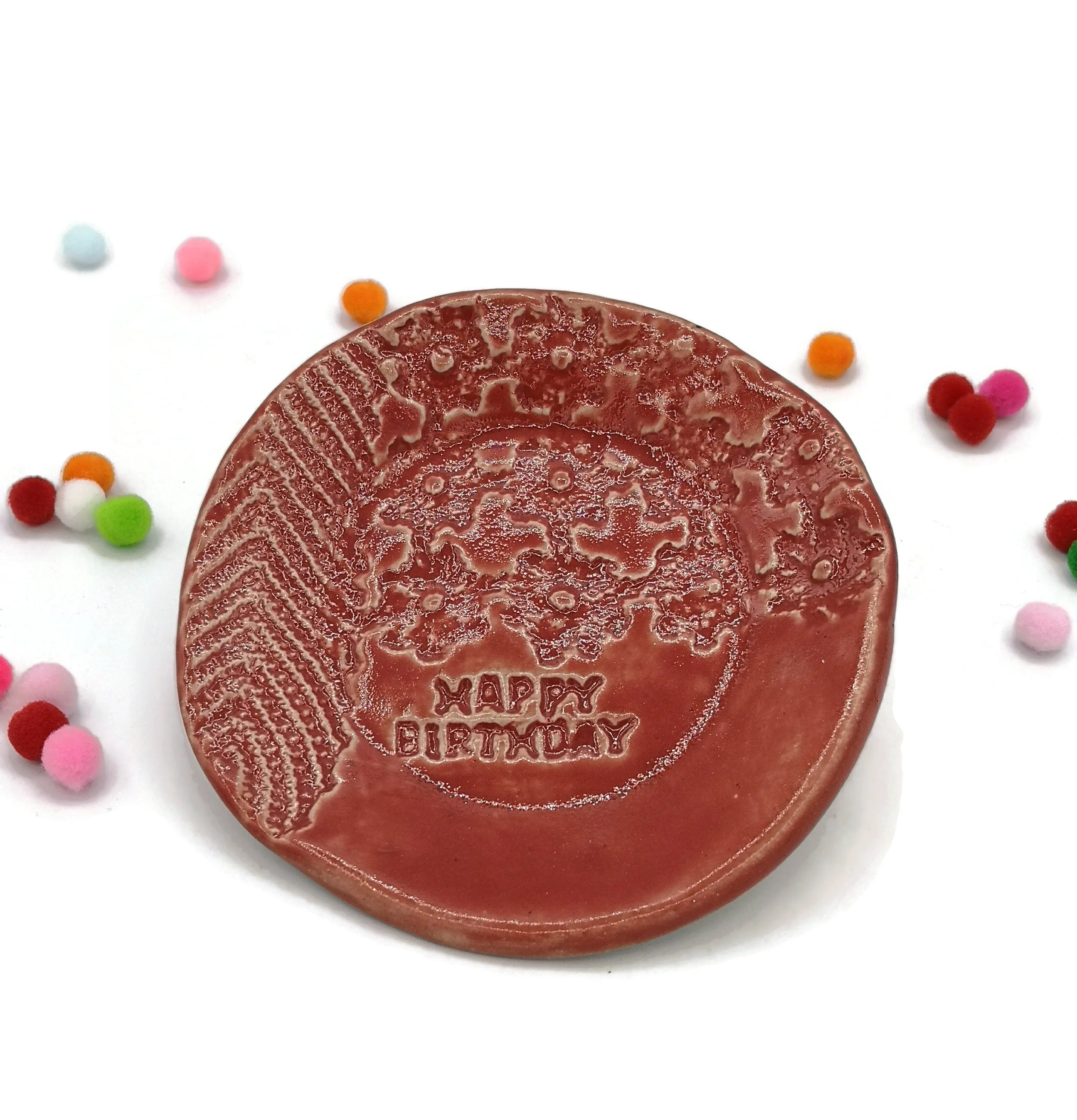 Red Handmade Ceramic Plate with Lace Texture – Unique Happy Birthday Gift