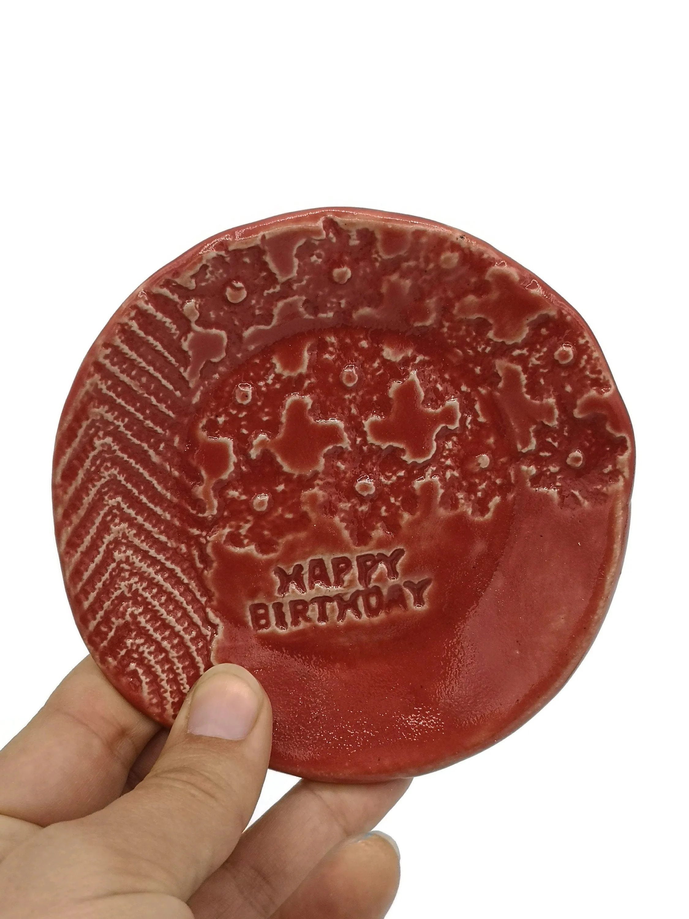 Red Handmade Ceramic Plate with Lace Texture – Unique Happy Birthday Gift