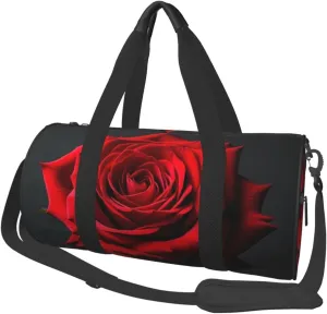 Red Rose Black Background Print Round Large Capacity Travel Luggage Bags,Men's and Women's Hand-Held Travel Clothing Bags