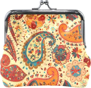Retro Paisley Beige Women Cute Coin Purse Leather Kiss Lock Buckle Card Change Purse Wallet