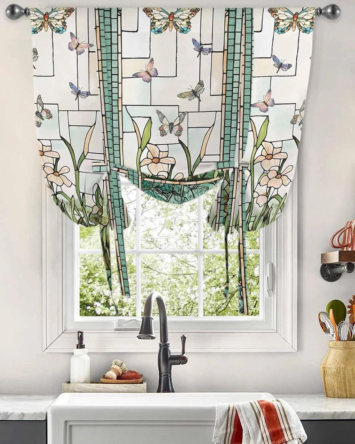 Retro Tie Up Curtains for Windows Stained Glass ​Meadow Flower Butterfly Print Rod Pocket Tie-Up Window Shade Adjustable Balloon Curtain Valance for Bedroom Kitchen Bathroom Blinds,34" Wx45 L