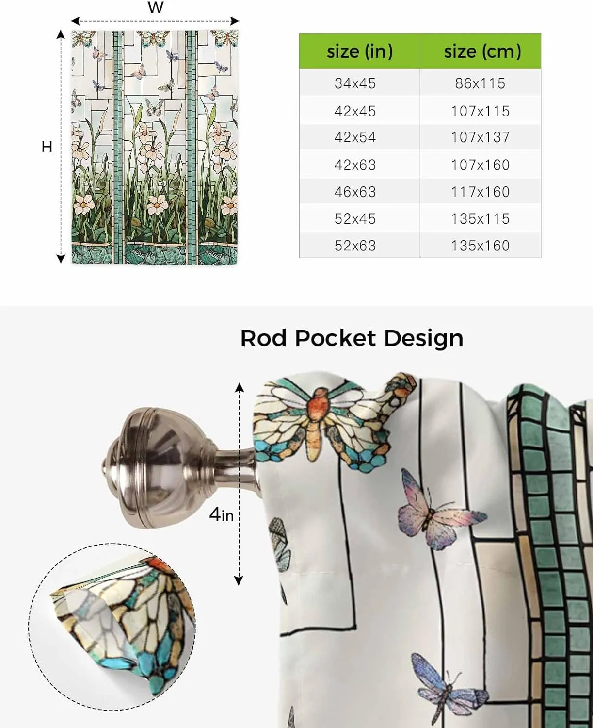 Retro Tie Up Curtains for Windows Stained Glass ​Meadow Flower Butterfly Print Rod Pocket Tie-Up Window Shade Adjustable Balloon Curtain Valance for Bedroom Kitchen Bathroom Blinds,34" Wx45 L