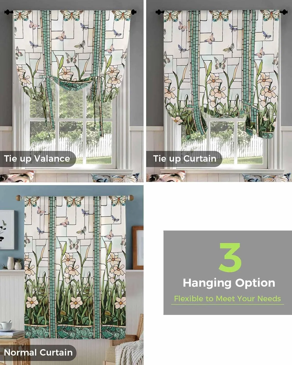 Retro Tie Up Curtains for Windows Stained Glass ​Meadow Flower Butterfly Print Rod Pocket Tie-Up Window Shade Adjustable Balloon Curtain Valance for Bedroom Kitchen Bathroom Blinds,34" Wx45 L