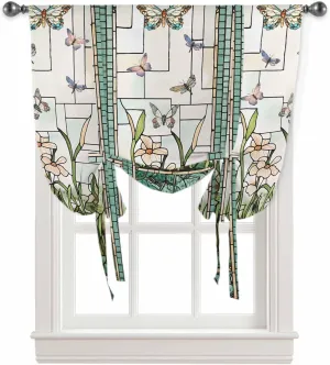 Retro Tie Up Curtains for Windows Stained Glass ​Meadow Flower Butterfly Print Rod Pocket Tie-Up Window Shade Adjustable Balloon Curtain Valance for Bedroom Kitchen Bathroom Blinds,34" Wx45 L