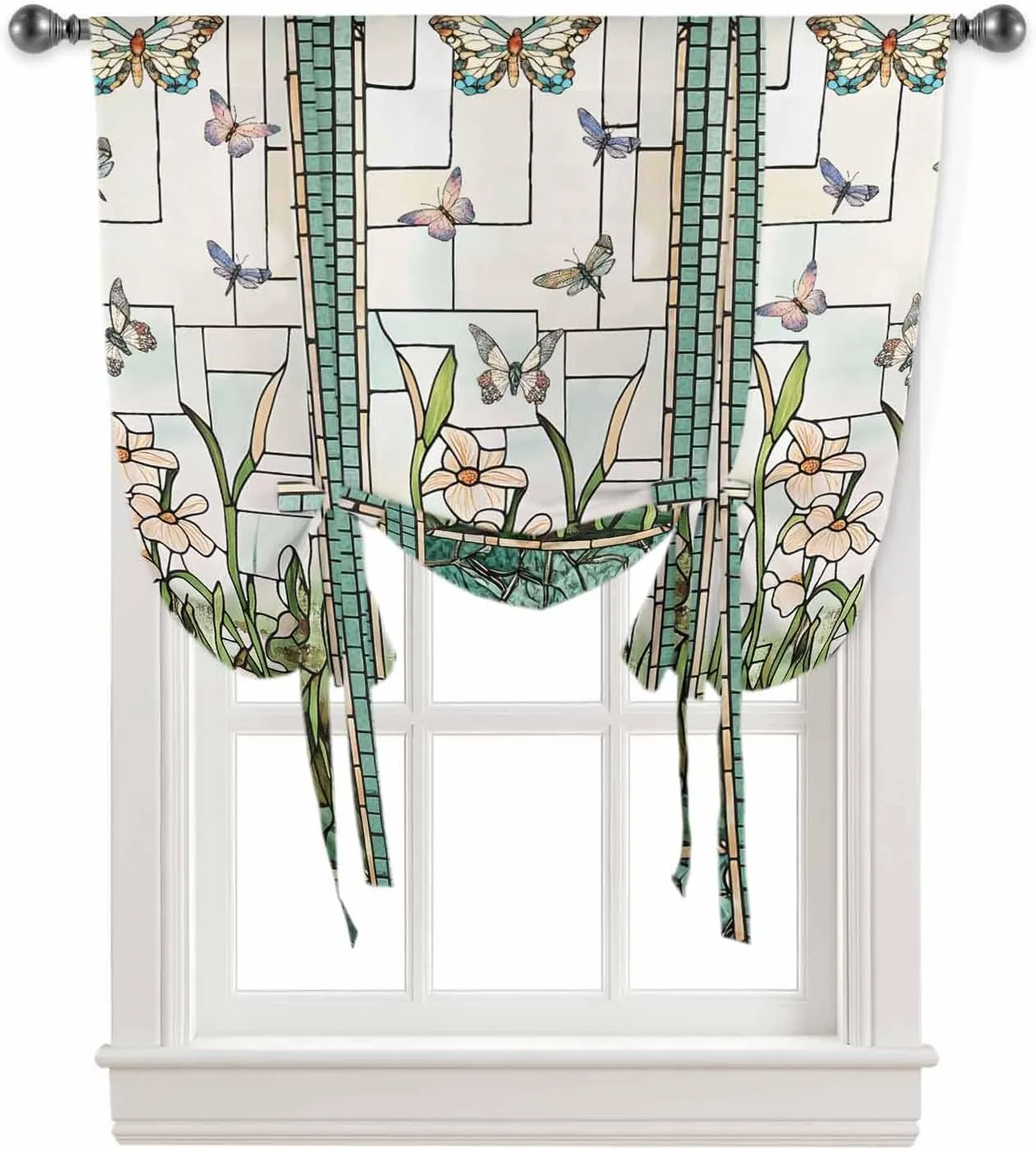 Retro Tie Up Curtains for Windows Stained Glass ​Meadow Flower Butterfly Print Rod Pocket Tie-Up Window Shade Adjustable Balloon Curtain Valance for Bedroom Kitchen Bathroom Blinds,34" Wx45 L