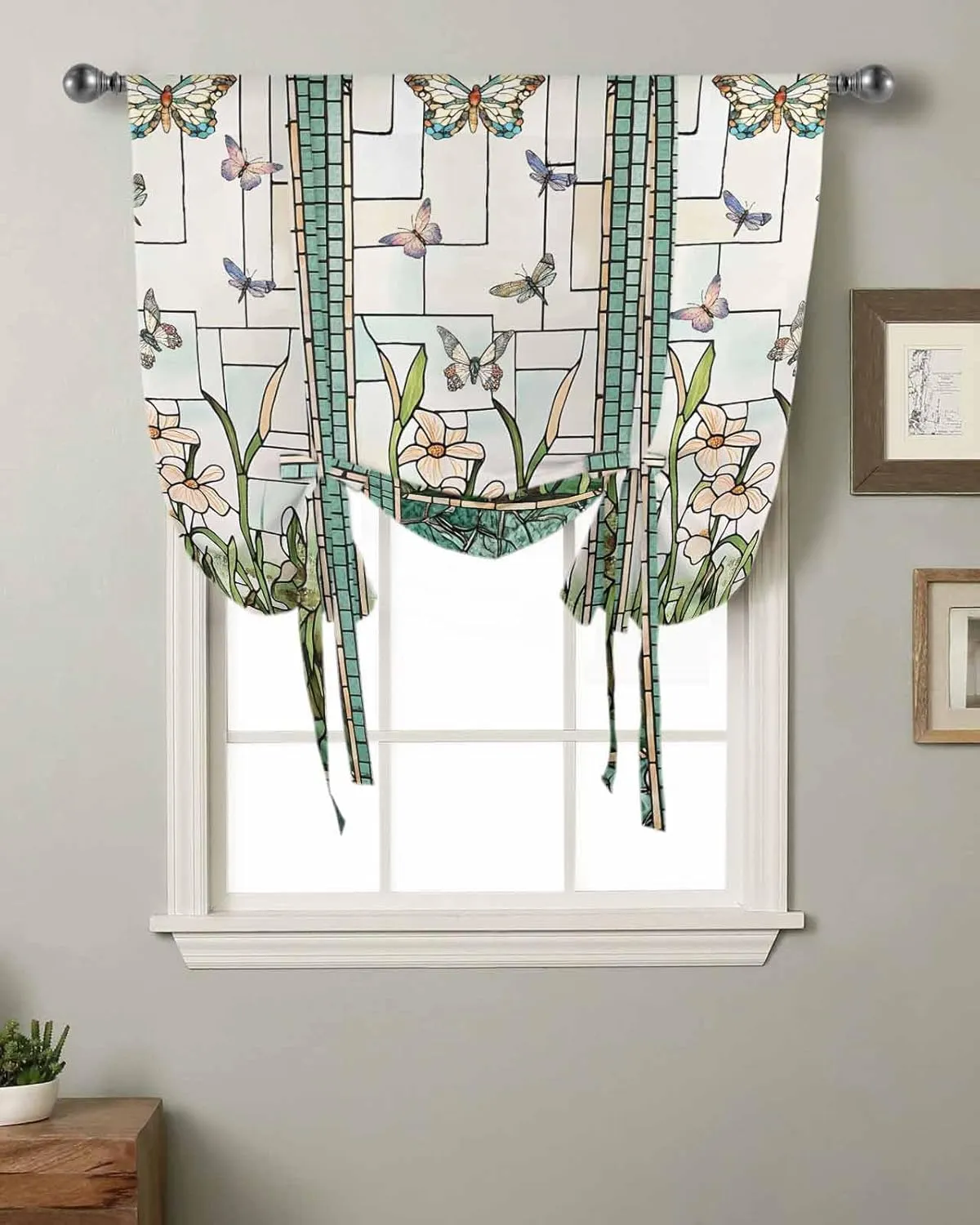 Retro Tie Up Curtains for Windows Stained Glass ​Meadow Flower Butterfly Print Rod Pocket Tie-Up Window Shade Adjustable Balloon Curtain Valance for Bedroom Kitchen Bathroom Blinds,34" Wx45 L