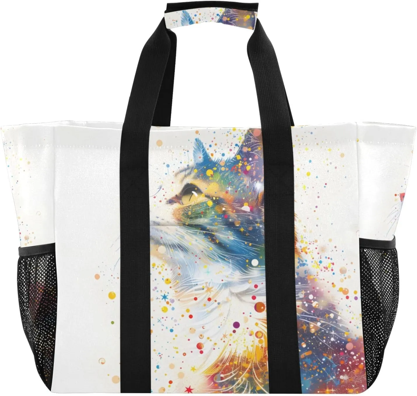 Reusable Grocery Bag Outline Of Cat Full Of Spatial Star Large Shopping Bags Travel Tote Bag