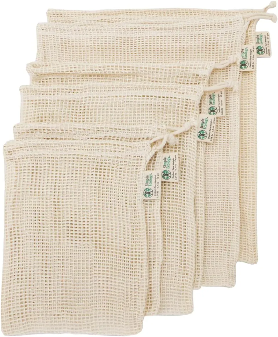 Reusable Produce Shopping and Storage Bags, Drawstring, Washable Organic Cotton Mesh, Set of 6 with 2 ea. L, M, S