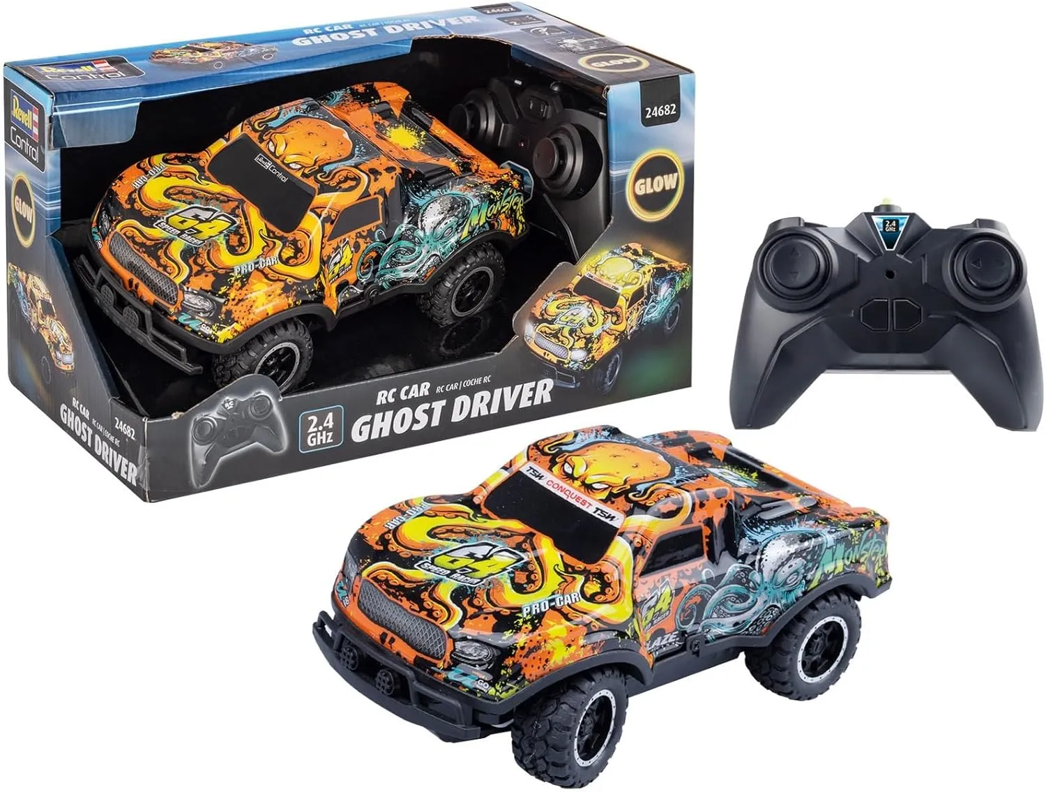 Revell Ghost Driver Remote Control Toy Car for Kids Light Up Toy 2.4GHz RC Cars Truck Gifts for 6 7 8 9 10 Years Old Boys Girls, Orange