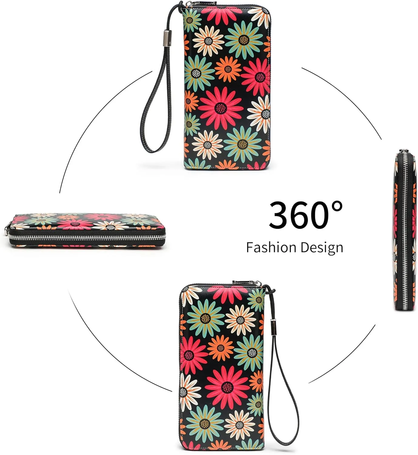 Rfid Blocking Wristlet Large Wallet for Women Credit Card Holder Bifold Designer Zipper Phone Long Wallet Purse Fantasy Flowers Fantasy Flowers