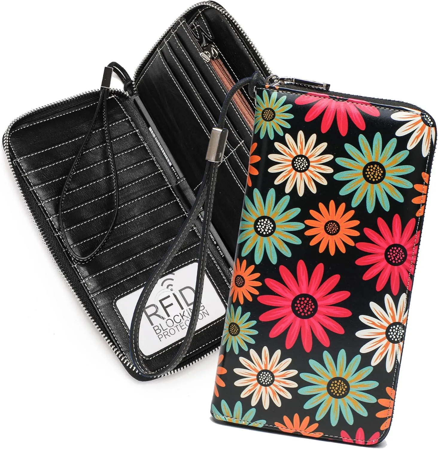 Rfid Blocking Wristlet Large Wallet for Women Credit Card Holder Bifold Designer Zipper Phone Long Wallet Purse Fantasy Flowers Fantasy Flowers