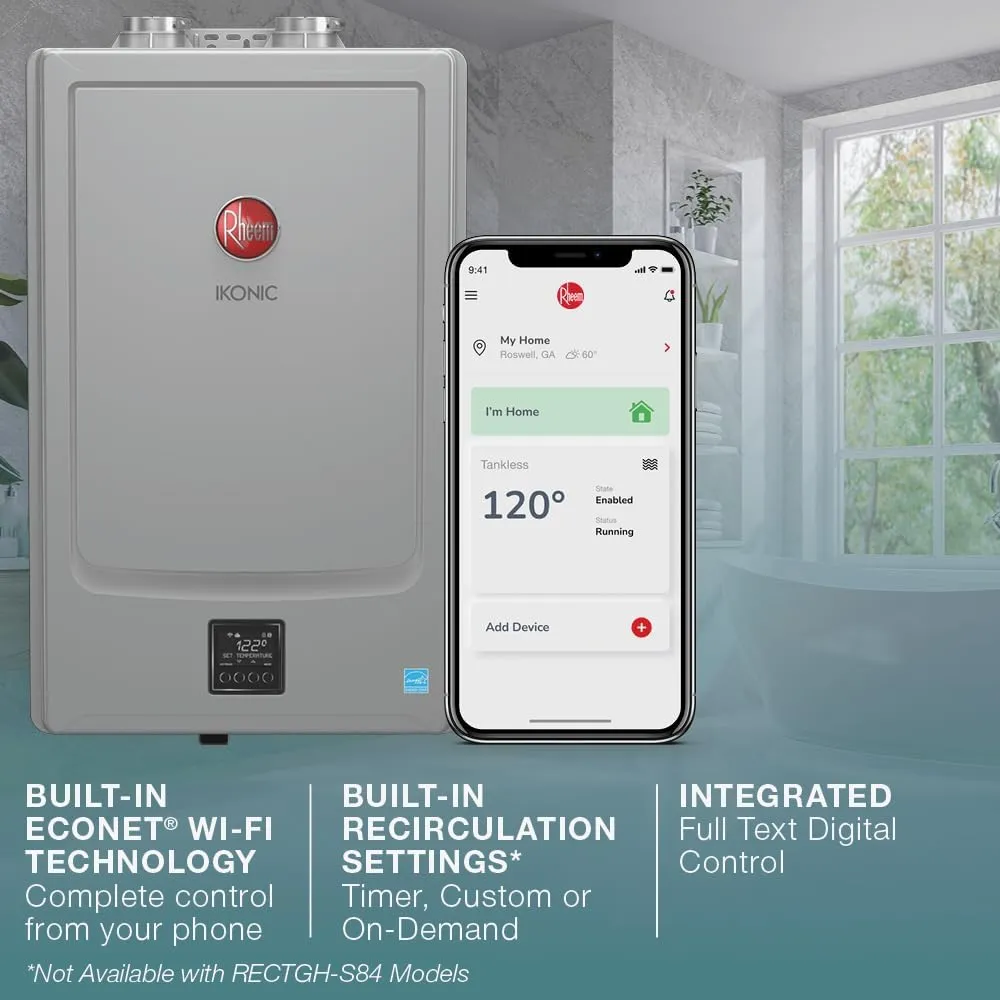 Rheem IKONIC RECTGH-SR11iN Super High Efficiency Condensing Tankless Natural Gas Water Heater with Recirculation, 11.2 GPM