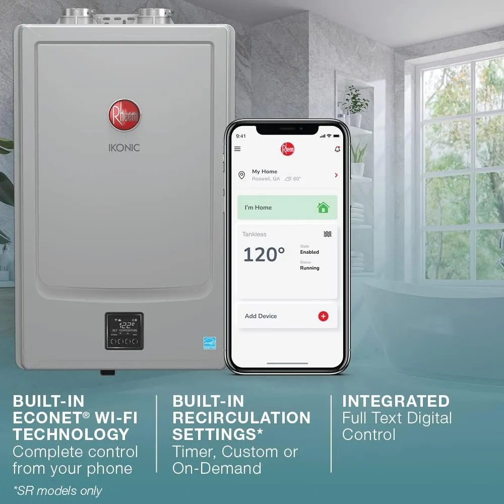 Rheem IKONIC RECTGH-SR11iN Super High Efficiency Condensing Tankless Natural Gas Water Heater with Recirculation, 11.2 GPM